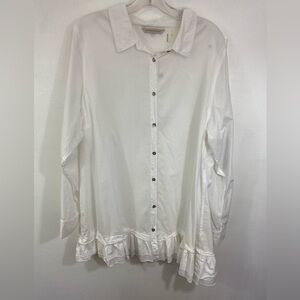 Soft Surroundings Womens Top 1X Button Down Ruffle Hem Roll Tab Sleeve Ivory NWT